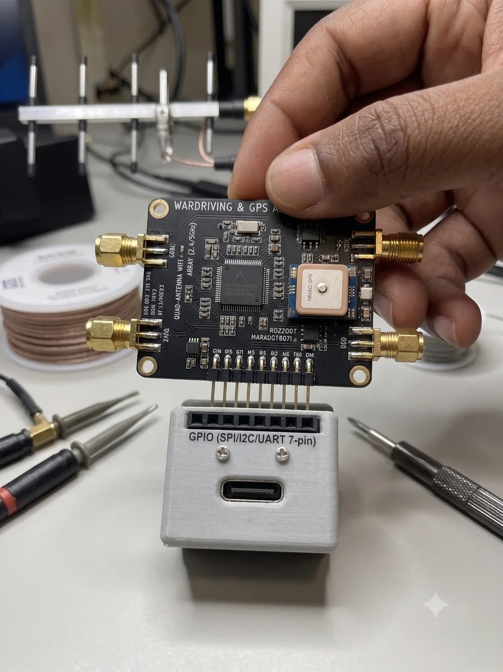 A radio and GPS accessory board above the expansion header